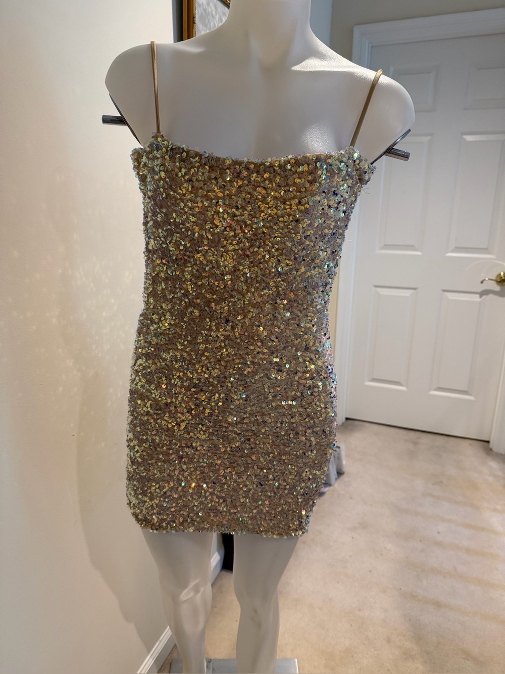 Gold Sequin Mini Dress with Thin Straps Sz L